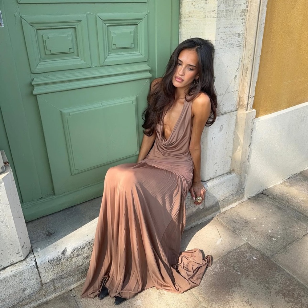 Meshki Dania Mauve/ Brown Cowl Neck Slinky Maxi Dress - Picture 5 of 5